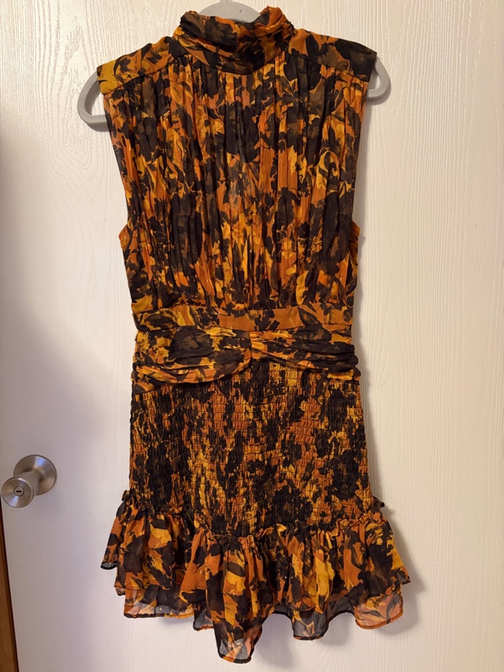 NWT Olivaceous Orange and Black Sleeveless Ruched Mini Dress Size Medium